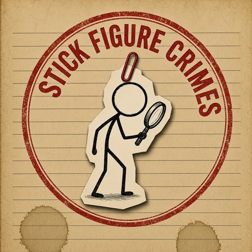 Stick Figure Crimes logo: a red rubber stamp ring around a stickman holding a magnifying glass